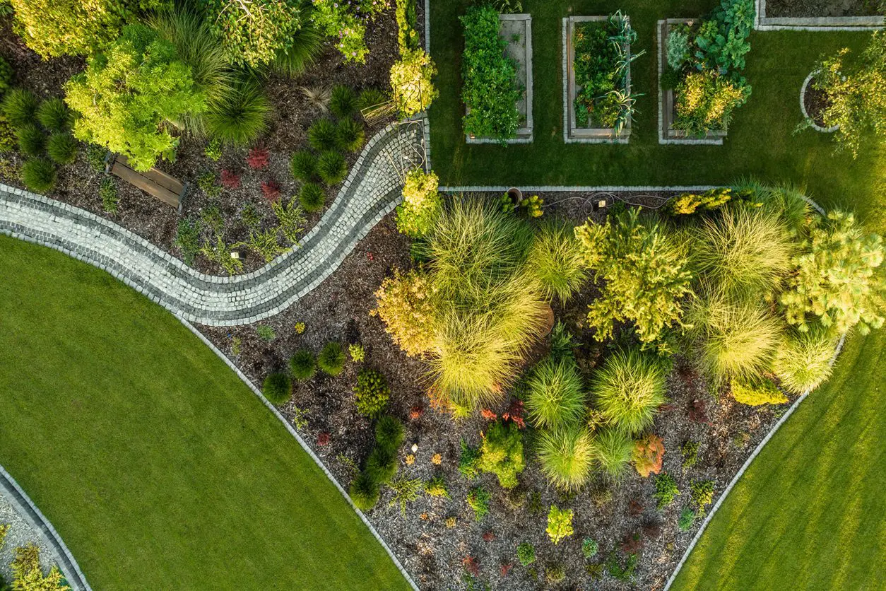 Aerial view of a landscaped garden.